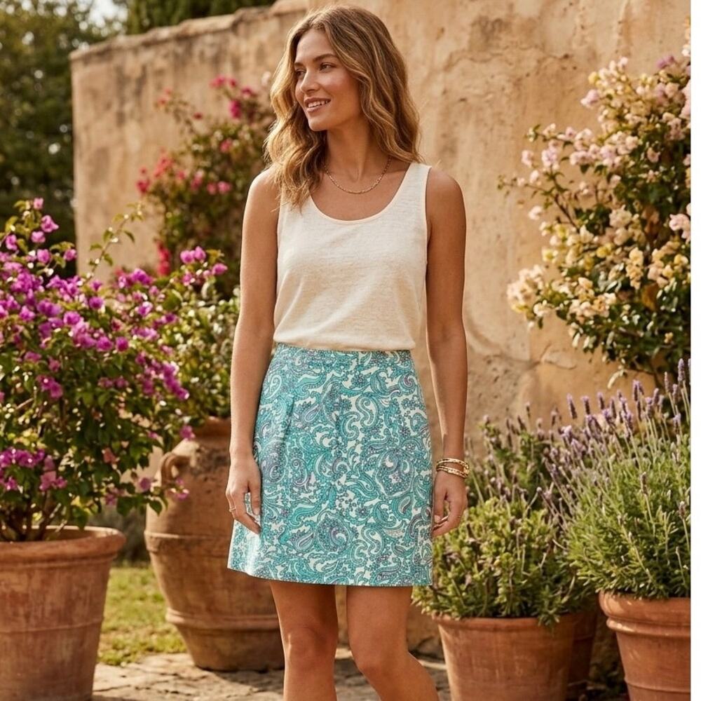 LOFT Linen Blend Paisley Mini Skirt Size 2 Teal Aqua Boho Pleated A-Line Summer